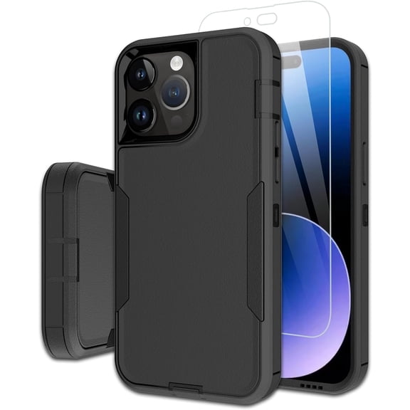 for iPhone 15 Pro Max Phone Case, and Glass Screen Protector, Dust-Proof Port Cover, Full Body Non-Slip Wear-Resistant Rubber Protection, Black/Black
