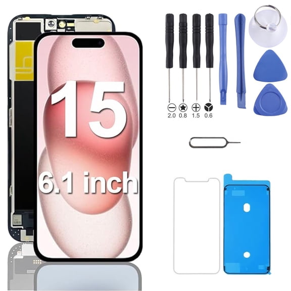 for iPhone 15 Screen Replacement 6.1 inch, 3D Touch LCD Display Digitizer Assembly with Repair Tools,Compatible with Model A2846, A3089, A3092, A3090