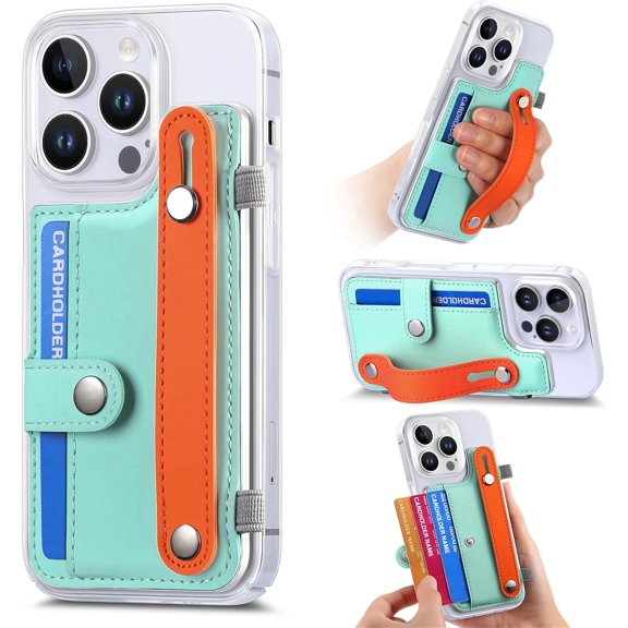 for iPhone 16/16 Pro/16 ProMax Case Clear PC Bottom Case Leather Buckle Card Holder Adjustable Wrist Strap Trendy Little Fresh Cover,5 Color