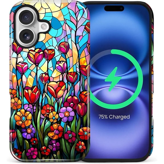 for iPhone 16 6.1in, Shockproof Anti-Slip with Full-Body Protection Cover, Glossy Textured Fashion Print Design for Girls Line Tulip