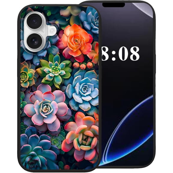 for iPhone 16 Case,Black TPU Soft Silicone Shockproof Protection Cover Phone Case for iPhone 16 6.1"，Succulents