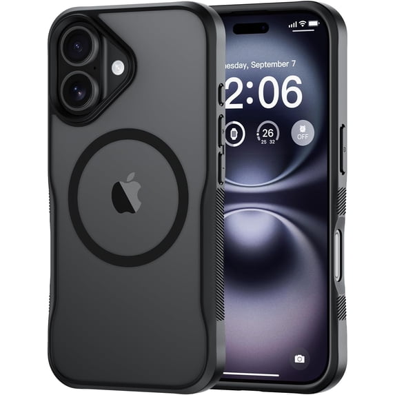 for iPhone 16 Case, Compatible with MagSafe, Translucent Matte Shockproof Anti-Slip Anti-Fingerprint Pocket-Friendly Phone Case Cover - Black