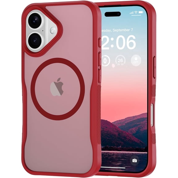 for iPhone 16 Case, Compatible with MagSafe, Translucent Matte Shockproof Anti-Slip Anti-Fingerprint Pocket-Friendly Phone Case Cover - Red