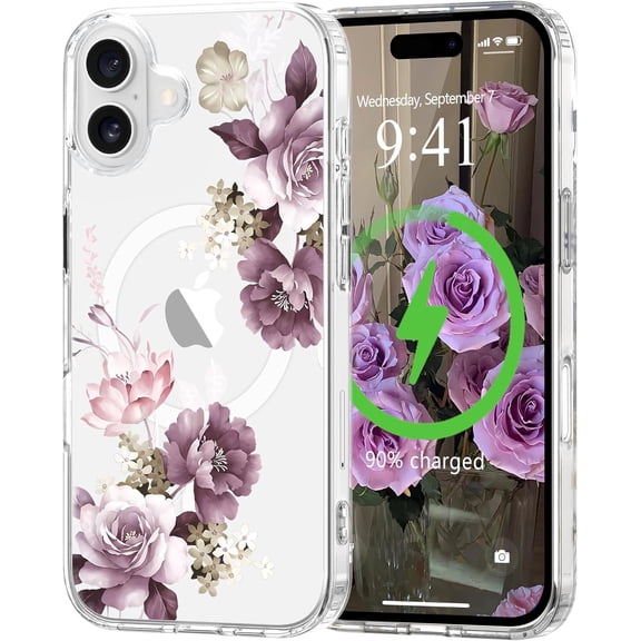 for iPhone 16 Case, Cute Flower Girls Women Clear Case Silicone Shockproof Protective Cover with Pretty Floral Pattern for iPhone 16, Purple