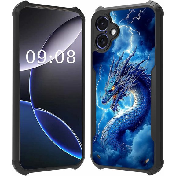 for iPhone 16 Case Phone Case 2024 6.1" for Women Men Four Corners Shookproof Soft Silicone Black TPU Protective Cover | Blue Thunder Dragon