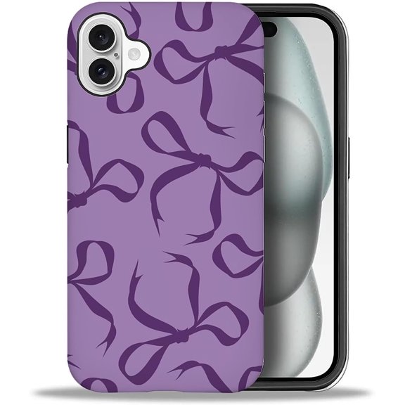 for iPhone 16 Case, Purple Bow Pattern Print Matte Phone Case Funny Liquid Silicone Case Impact Resistant Anti-Scratch Shockproof Protective Cover