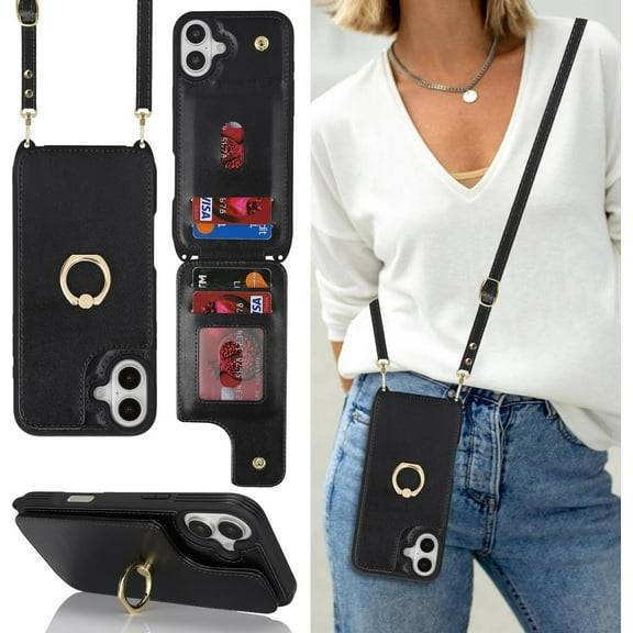 for iPhone 16 Case with Card Holder and Strap for Women,Crossbody Lanyard,Ring Stand,Snap Clasp,Cute Phone Wallet Cases 6.1 inch(Black)
