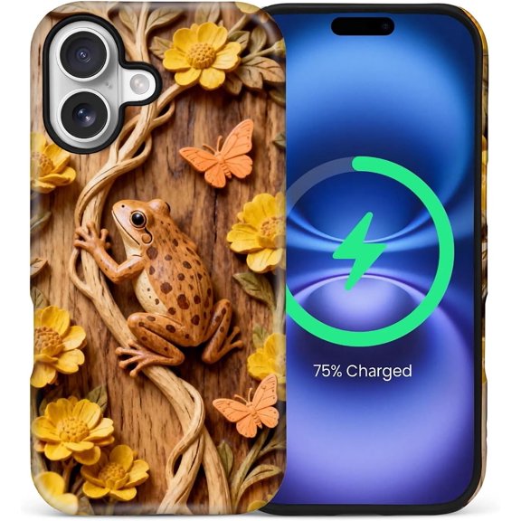 for iPhone 16 Plus 6.7inch, Shockproof Anti-Slip with Full-Body Protection Cover, Frosted Matte Textured Fashion Print Design for Girls Wooden Frog