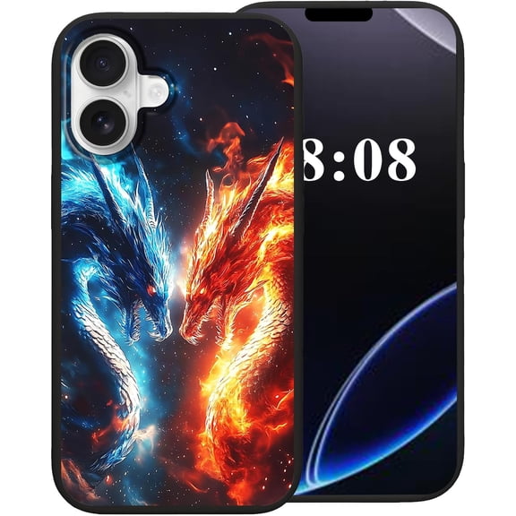 for iPhone 16 Plus Case,Black TPU Soft Silicone Shockproof Protection Cover Phone Case for iPhone 16 Plus 6.7"，Fire Dragon Ice Dragon