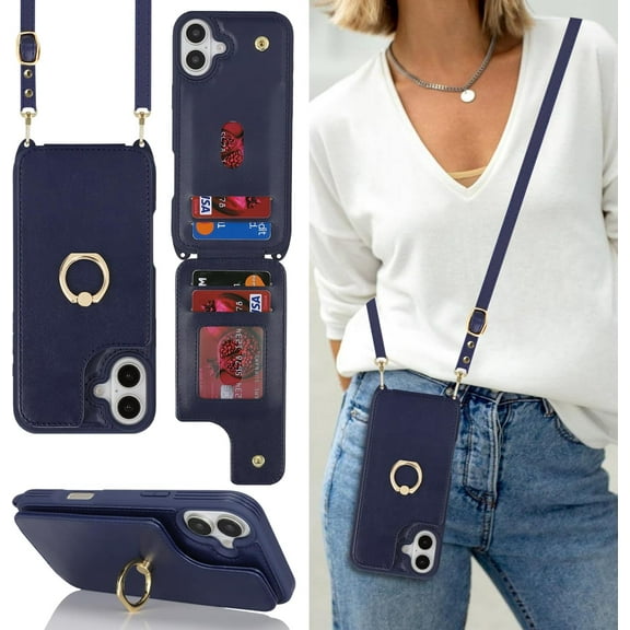 for iPhone 16 Plus Case with Card Holder and Strap for Women,Crossbody Lanyard,Ring Stand,Snap Clasp,Cute Phone Wallet Cases 6.7 inch(Dark Blue)