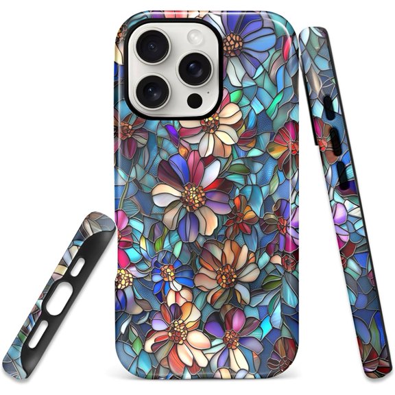 for iPhone 16 Pro Case, 2-Layer Protection with TPU Silicone and Pc Hard Shell, Anti-Drop, Matte and Wear-Resistant - Stained Glass Floral