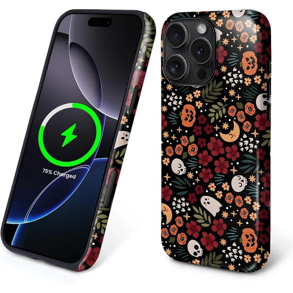 for iPhone 16 Pro Cases,Campatible with Magsafe,2-Layer Hard Shell + Silicone Cover - Shockproof Protection, Halloween Floral Print