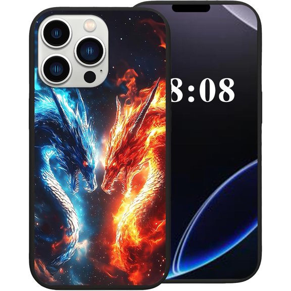 for iPhone 16 Pro Max Case,Black TPU Soft Silicone Shockproof Protection Cover Phone Case for iPhone 16 Pro Max 6.9"，Fire Dragon Ice Dragon