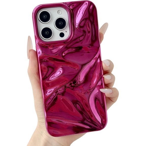for iPhone 16 Pro Max Case,Chrome Plating Electroplated Tin Foil Pleated Water Ripple Wave Pattern Phone Case (Red,16 Pro Max)