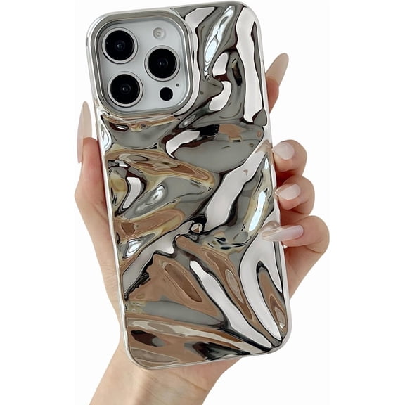 for iPhone 16 Pro Max Case,Chrome Plating Electroplated Tin Foil Pleated Water Ripple Wave Pattern Phone Case (Silver,16 Pro Max)