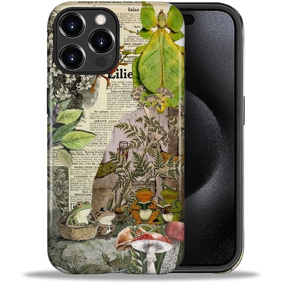 for iPhone 16 Pro Max Case,Hybrid 2-Layer Hard Shell + Silicone Protective Case -Resistant Shockproof- Green Cute Sticker Frog Red Mushroom Collage