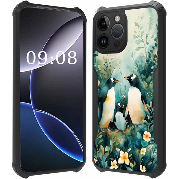 for iPhone 16 Pro Max Case Phone Case 2024 6.9" for Women Men Four Corners Shookproof Soft Silicone Black TPU Protective Cover | Watercolor Penguin