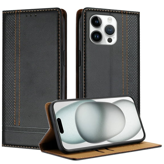 for iPhone 16 Slim Case with Card Holder, Premium PU Leather Wallet Case with Flip Card Slots Kickstand & Magnetic Closure for iPhone 16, Black