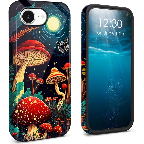 for iPhone 16E Case 2025 Dual Layer Cover Hard PC + Soft TPU Black Shockproof Protective Phone Case for iPhone 16E 6.1 inch - Mushroom Moon