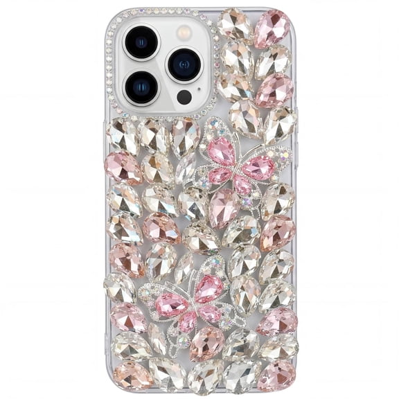 for iPhone 16Plus Rhinestone Phone Case Designer Handmade 3D Bling Pink Teardrop Glass Diamond & Glitter Shiny Butterfly Crystal Cover Women Girl