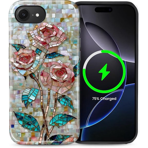 for iPhone 16e 6.1in, Shockproof Anti-Slip with Full-Body Protection Cover, Glossy Textured Fashion Print Design for Girls Rose Block