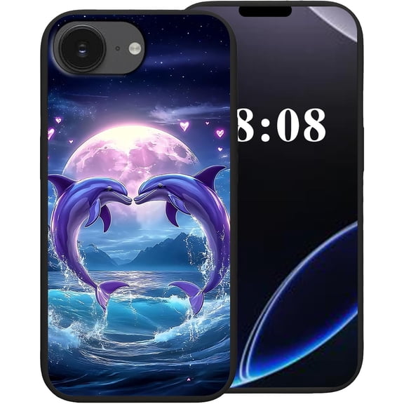 for iPhone 16e Case,Black TPU Soft Silicone Shockproof Protection Cover Phone Case for iPhone 16e 6.1"，Love Dolphin