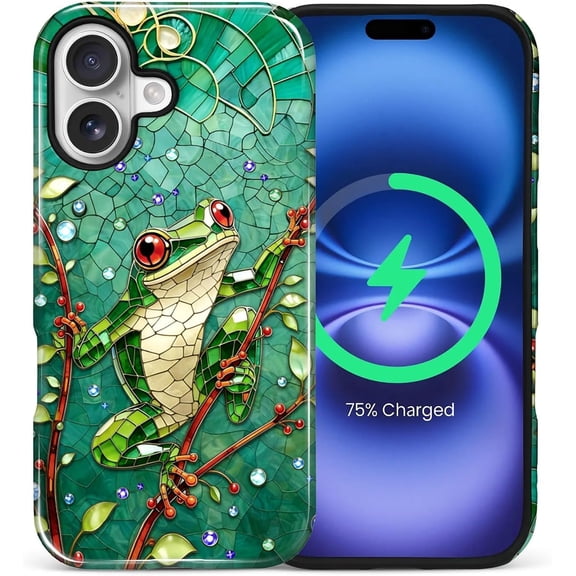 for iPhone 17 6.3in, Shockproof Anti-Slip with Full-Body Protection Cover, Glossy Textured Fashion Print Design for Girls Gemstone Frog