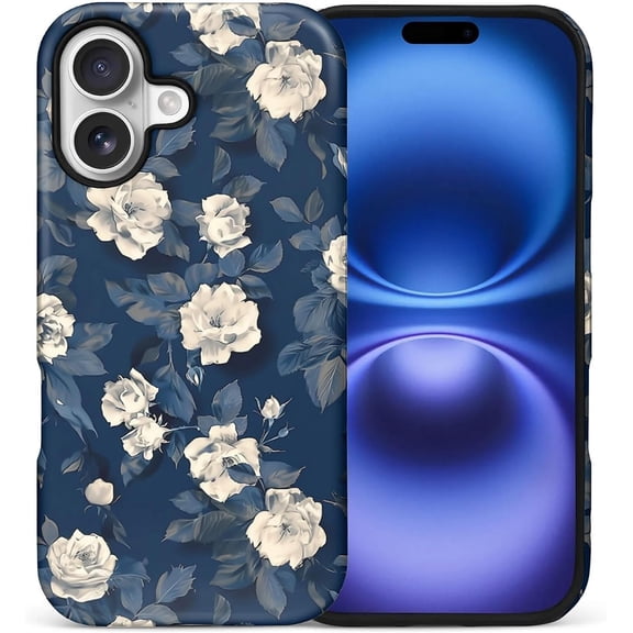 for iPhone 17 Case,Hybrid 2-Layer Hard Shell + Silicone Protective Case -Resistant Shockproof- Blue and White Floral Print