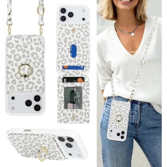 for iPhone 17 Pro Case with Card Holder and Strap for Women,Crossbody Lanyard,Ring Stand,Snap Clasp,Cute Phone Wallet Cases 6.3 inch (White Leopard)