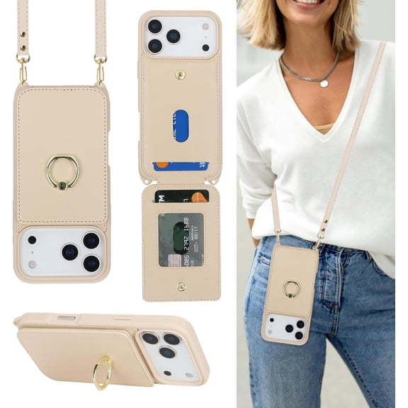 for iPhone 17 Pro Max Case with Card Holder and Strap for Women,Crossbody Lanyard,Ring Stand,Snap Clasp,Cute Phone Wallet Cases 6.9 inch (Beige)