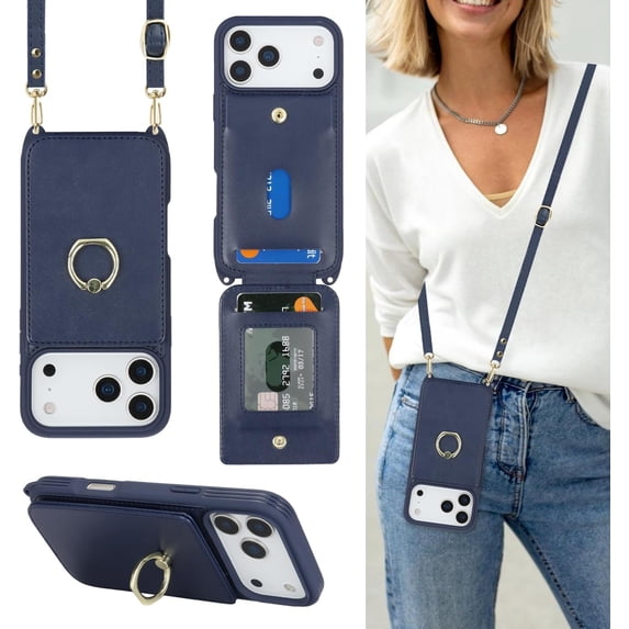 for iPhone 17 Pro Max Case with Card Holder and Strap for Women,Crossbody Lanyard,Ring Stand,Snap Clasp,Cute Phone Wallet Cases 6.9 inch (Dark Blue)