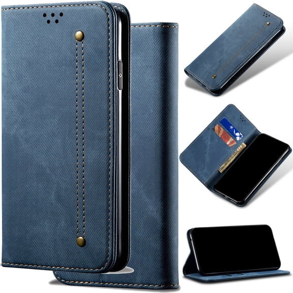 for iPhone 17 Pro Max Denim Phone Case Retro Jeans Fabric Ultra Thin Slim Magnetic Folio Flip Cover, Dual Card Slots Cash Holder, Stand Support