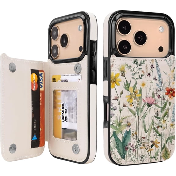 for iPhone 17 Pro Wallet Case with Card Holder PU Leather RFID Blocking Design flip case Women Men Magnetic Clasp Kickstand 6.3 inch (Desert Flowers)