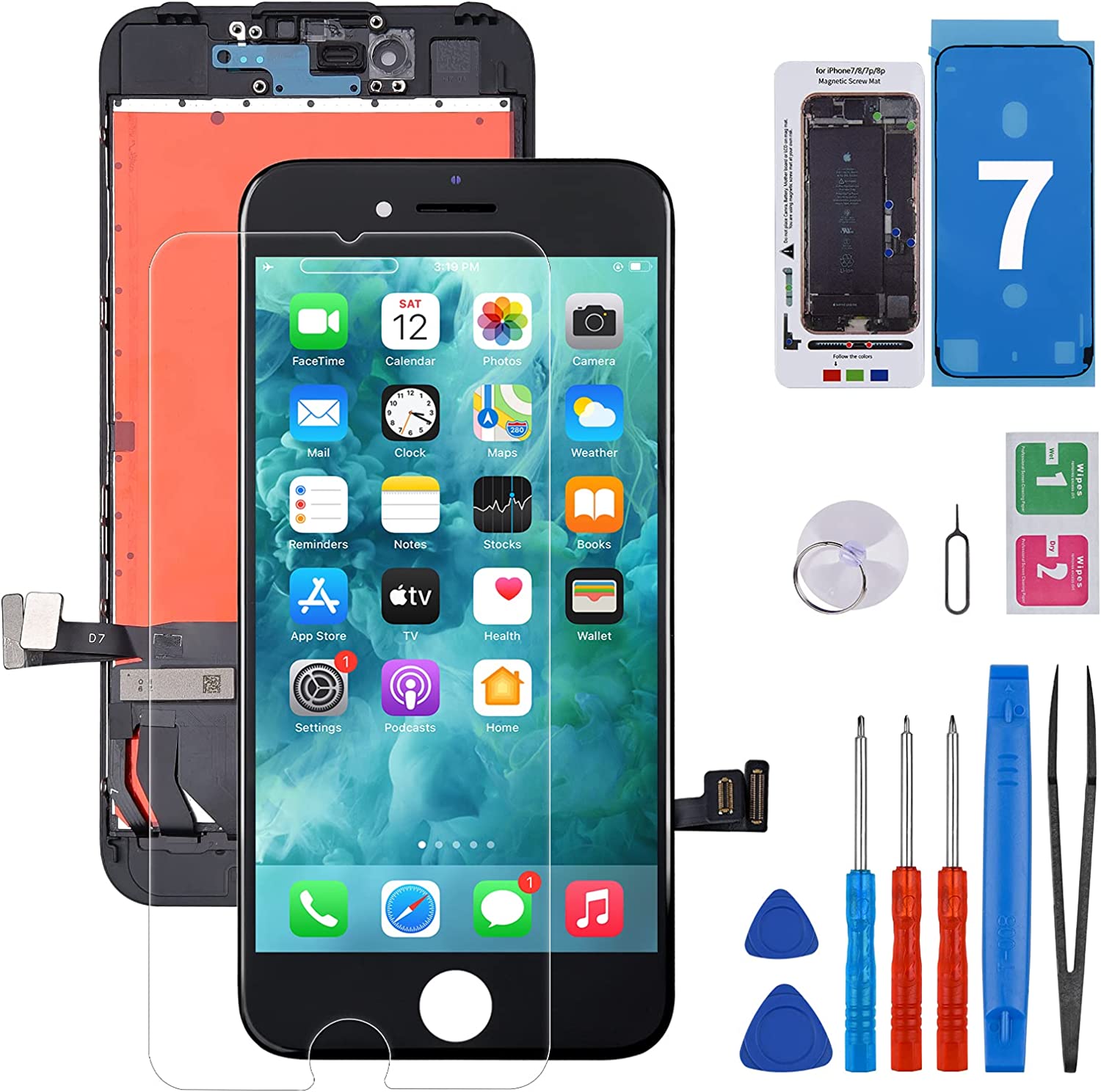for iPhone 7 Screen Replacement Kit Black, LCD Screen Display Repair 3D