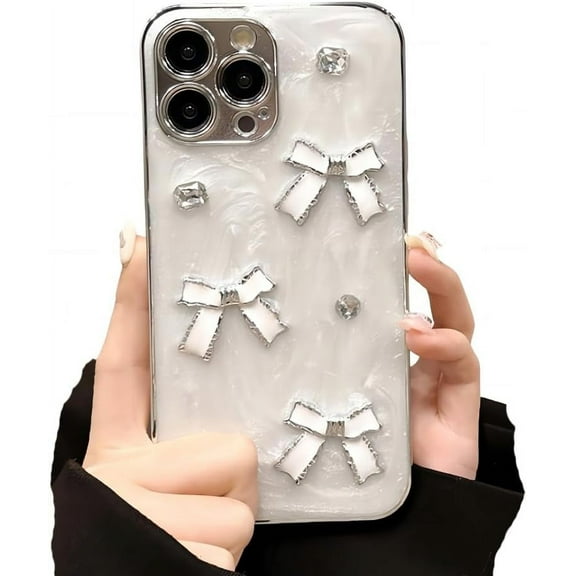 for iPhone Case,3D Bow ElectroPlated Sparkle Sparkly Bumper Camera Lens Protection Soft Shockproof Phone Case (White,iPhone 15 Pro Max)