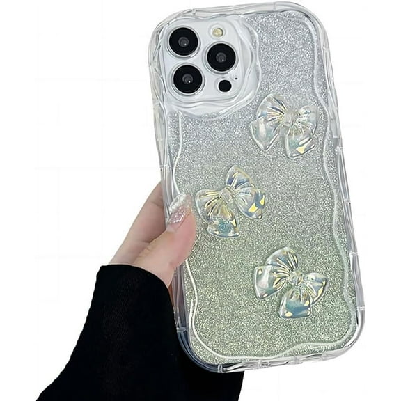 for iPhone Case,3D Bow Glitter Crystal Sparkle Sparkly Gradient Bumper Clear Camera Lens Protection Soft Shockproof Phone Case (Green,iPhone 15)