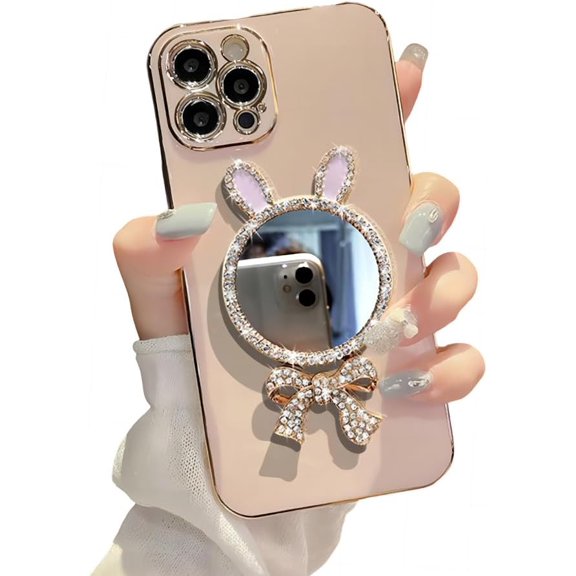 for iPhone Case,3D Bow Glitter Diamond Mirror Makeup Bling Electroplated Bumper Camera Lens Protection Soft Shockproof Phone Case (Pink,iPhone 11)
