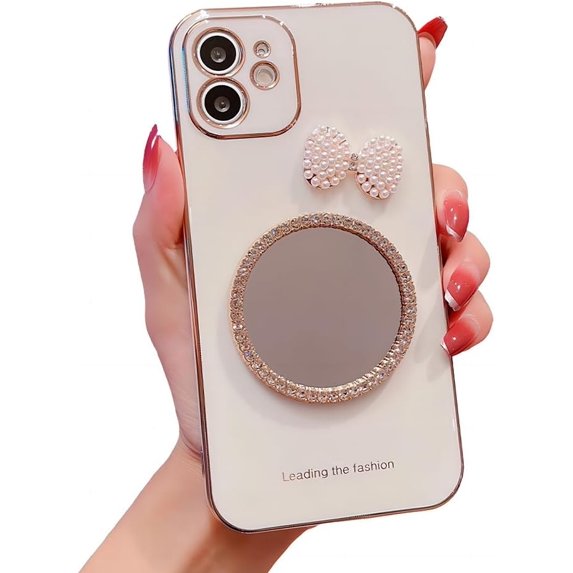 for iPhone Case,3D Bow Glitter Diamond Mirror Makeup Bling Electroplated Bumper Camera Lens Protection Soft Shockproof Phone Case (White,iPhone 12)