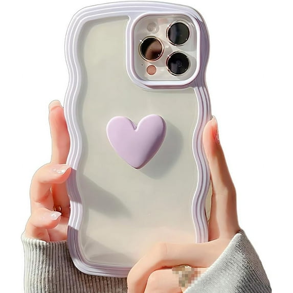 for iPhone Case,3D Love Heart Curly Wave Frame Camera Lens Protection Soft Shockproof Phone Case (Purple,iPhone 15)