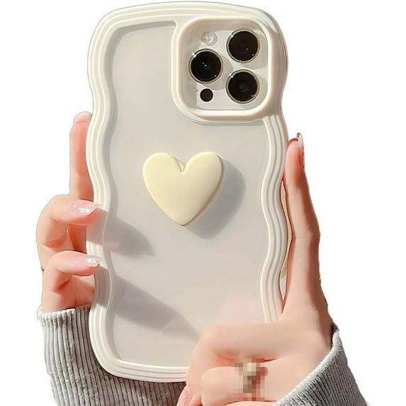 for iPhone Case,3D Love Heart Curly Wave Frame Camera Lens Protection Soft Shockproof Phone Case (White,iPhone 15)