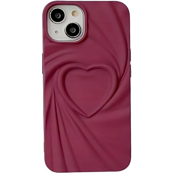 for iPhone Case,3D Love Heart Matte Wave Fold Bumper Camera Lens Protection Soft Shockproof Phone Case (Red,iPhone 15)