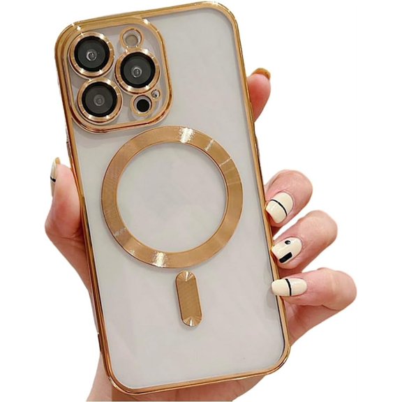 for iPhone Case,[Compatible with MagSafe] ElectroPlated Soft Camera Lens Protection Clear Shockproof Phone Case (Gold,iPhone 14)