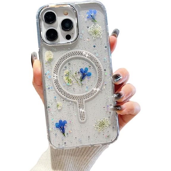for iPhone Case,[Compatible with MagSafe] Luxury Drip Glue Real Press Flower Glitter Bling Sparkly Rhinostone Shockproof Phone Case (Blue,iPhone 13)