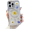 thumbnail image 1 of for iPhone Case,[Compatible with MagSafe] Luxury Drip Glue Real Press Flower Glitter Bling Sparkly Rhinostone Shockproof Phone Case (White,iPhone 15), 1 of 5
