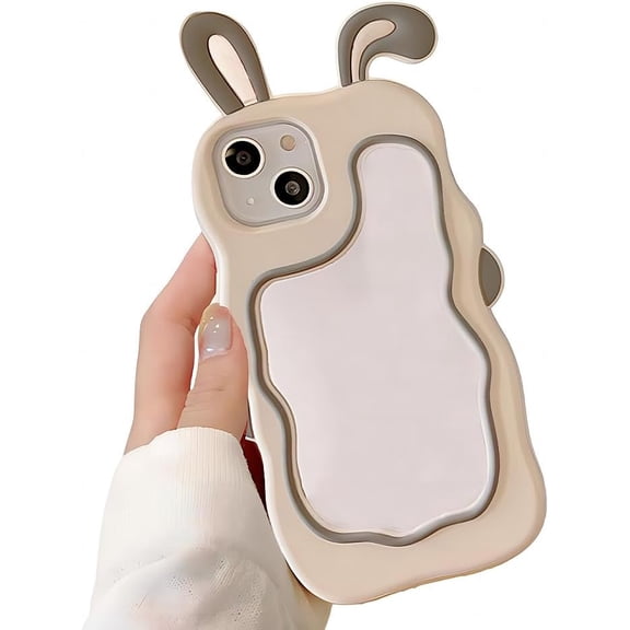 for iPhone Case,Cute 3D Bunny Shape Frame with Make Up Mirror Camera Lens Protection Soft Shockproof Phone Case (Grey,iPhone 14 Pro)