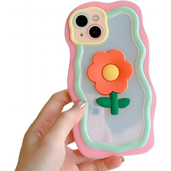 for iPhone Case,Cute 3D Colorful Cartoon Flower Wave Shape Frame Camera Lens Protection Soft Shockproof Phone Case (Orange,iPhone 12)