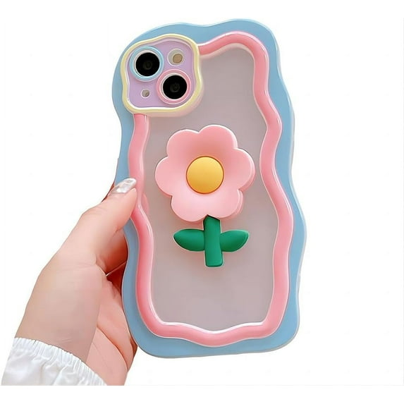 for iPhone Case,Cute 3D Colorful Cartoon Flower Wave Shape Frame Camera Lens Protection Soft Shockproof Phone Case (Pink,iPhone 14 Pro Max)