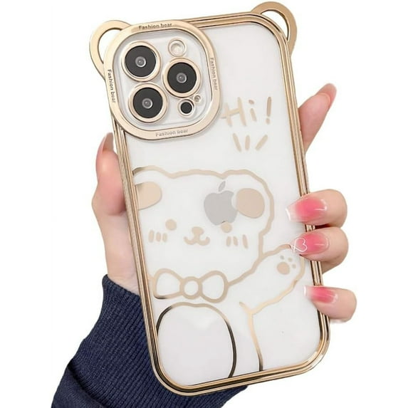 for iPhone Case,Cute 3D ElectroPlated Frame Bear Pattern Bumper Camera Lens Protection Clear Soft Shockproof Phone Case (Gold,iPhone 15)