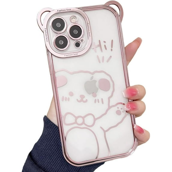 for iPhone Case,Cute 3D ElectroPlated Frame Bear Pattern Bumper Camera Lens Protection Clear Soft Shockproof Phone Case (Pink,iPhone 13)