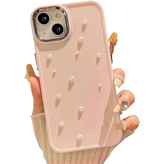 for iPhone Case,Cute 3D Pearl Solid Color Silicone Camera Lens Protection Soft Shockproof Phone Case (Pink,iPhone 14)